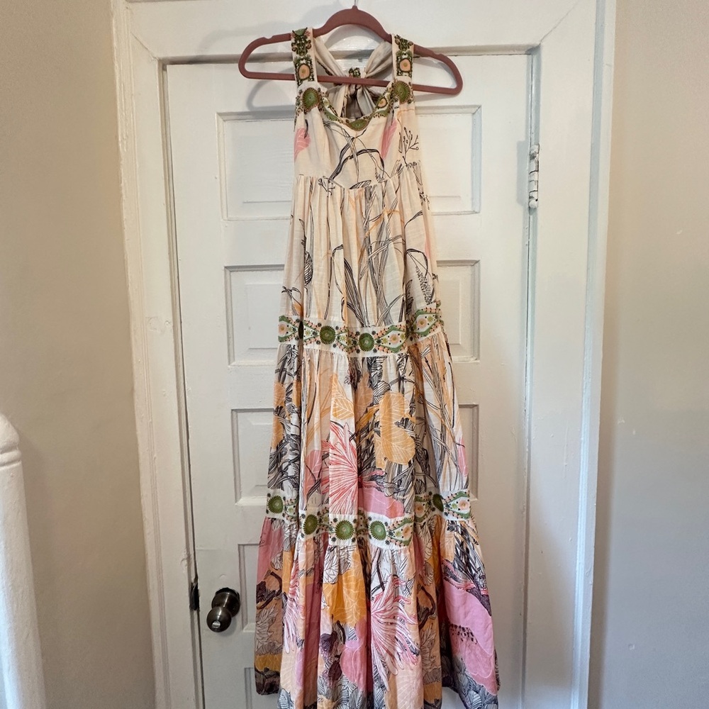 Anthropologie Square Neck Floral Maxi Dress - Cream, Pink, Green